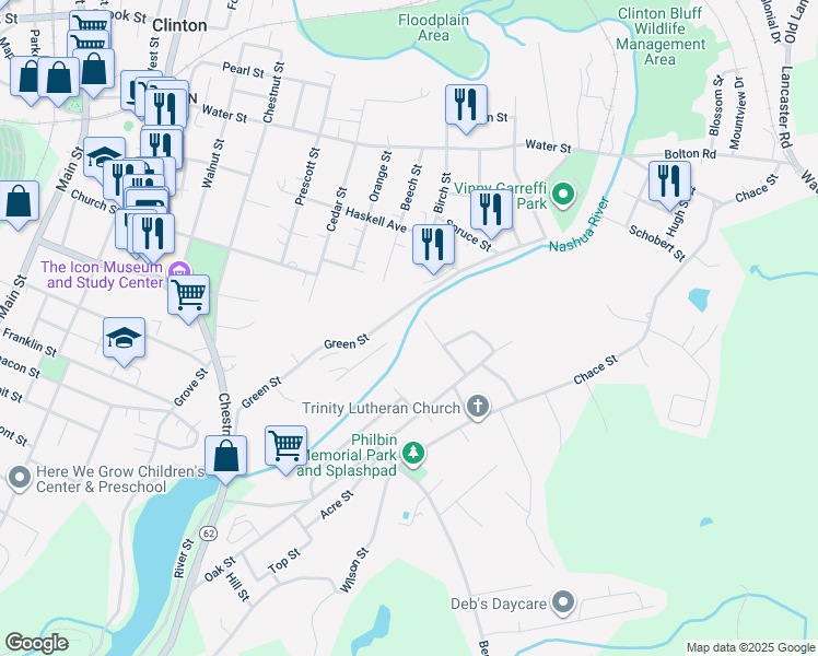 map of restaurants, bars, coffee shops, grocery stores, and more near 145 Green Street in Clinton
