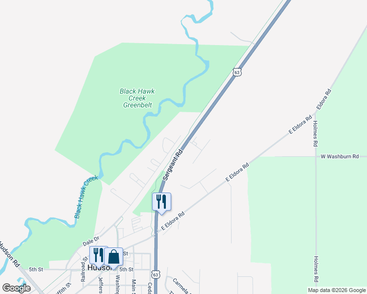 map of restaurants, bars, coffee shops, grocery stores, and more near Highway 63 in Hudson