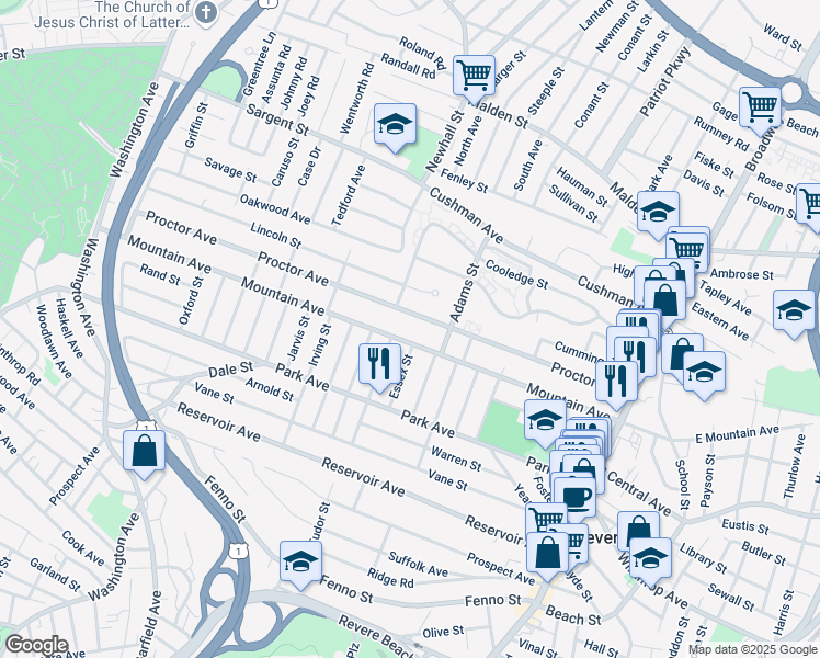 map of restaurants, bars, coffee shops, grocery stores, and more near 281 Mountain Avenue in Revere