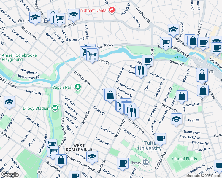 map of restaurants, bars, coffee shops, grocery stores, and more near 79 Lyman Avenue in Medford