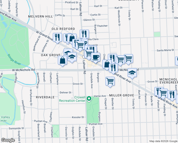 map of restaurants, bars, coffee shops, grocery stores, and more near 21711 West McNichols Road in Detroit