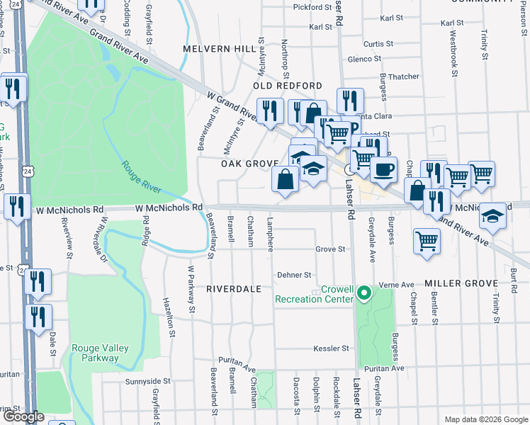 map of restaurants, bars, coffee shops, grocery stores, and more near 16912 Lamphere Street in Detroit