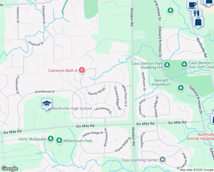 map of restaurants, bars, coffee shops, grocery stores, and more near 44537 Spring Hill Road in Northville