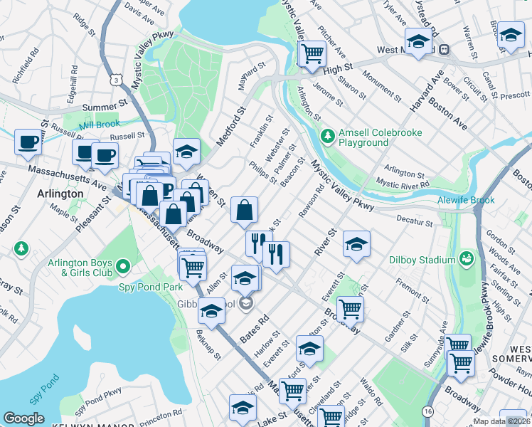 map of restaurants, bars, coffee shops, grocery stores, and more near 23 Park Street in Arlington