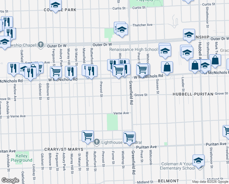 map of restaurants, bars, coffee shops, grocery stores, and more near 16776 Forrer Street in Detroit