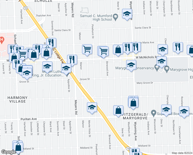 map of restaurants, bars, coffee shops, grocery stores, and more near 16800 Pinehurst Street in Detroit