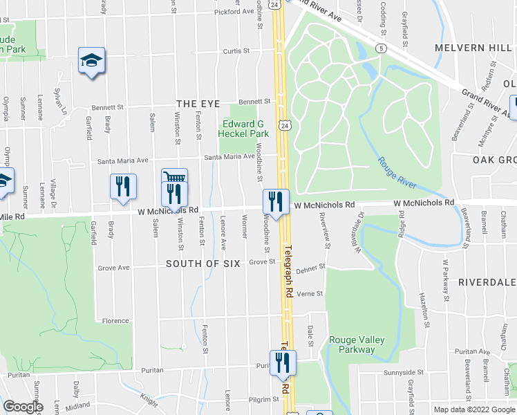 map of restaurants, bars, coffee shops, grocery stores, and more near 24235 McNichols Rd W in Detroit