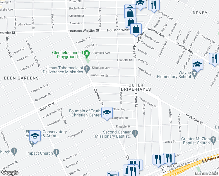 map of restaurants, bars, coffee shops, grocery stores, and more near 9616 Outer Drive East in Detroit