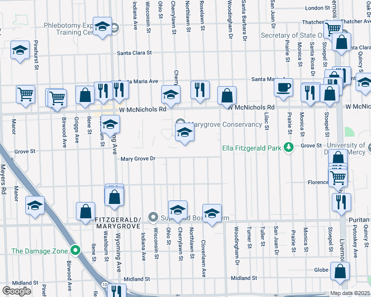 map of restaurants, bars, coffee shops, grocery stores, and more near 8425 West McNichols Road in Detroit
