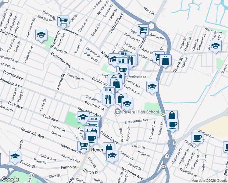map of restaurants, bars, coffee shops, grocery stores, and more near 592 Massachusetts 107 in Revere