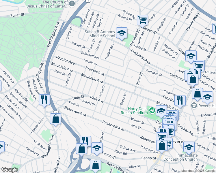 map of restaurants, bars, coffee shops, grocery stores, and more near 43 Hancock Street in Revere