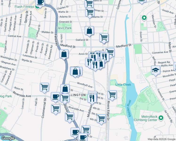 map of restaurants, bars, coffee shops, grocery stores, and more near 300 Middlesex Avenue in Medford