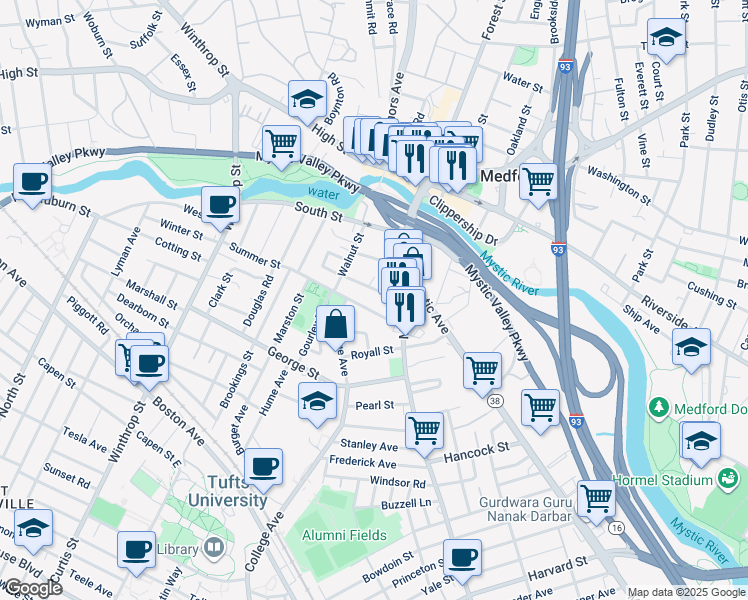 map of restaurants, bars, coffee shops, grocery stores, and more near 22 Summer Street in Medford