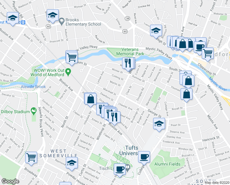 map of restaurants, bars, coffee shops, grocery stores, and more near 11 Dearborn Street in Medford