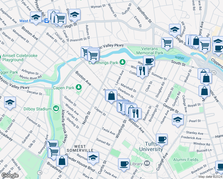 map of restaurants, bars, coffee shops, grocery stores, and more near 40 Piggott Road in Medford