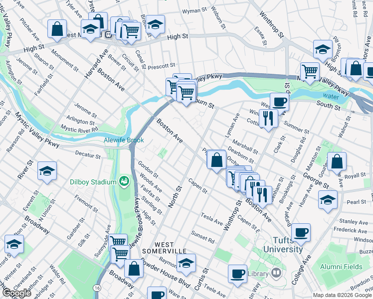 map of restaurants, bars, coffee shops, grocery stores, and more near 24 Pinkham Road in Medford