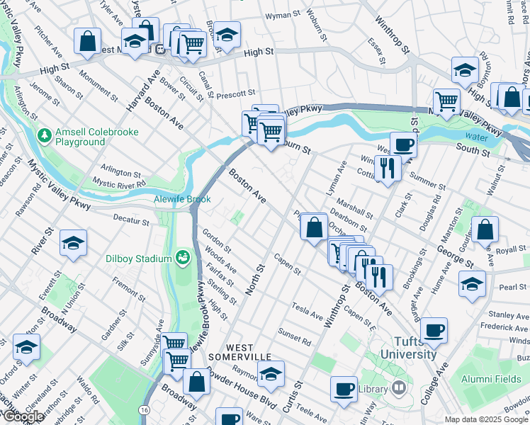 map of restaurants, bars, coffee shops, grocery stores, and more near 24 Pinkham Road in Medford
