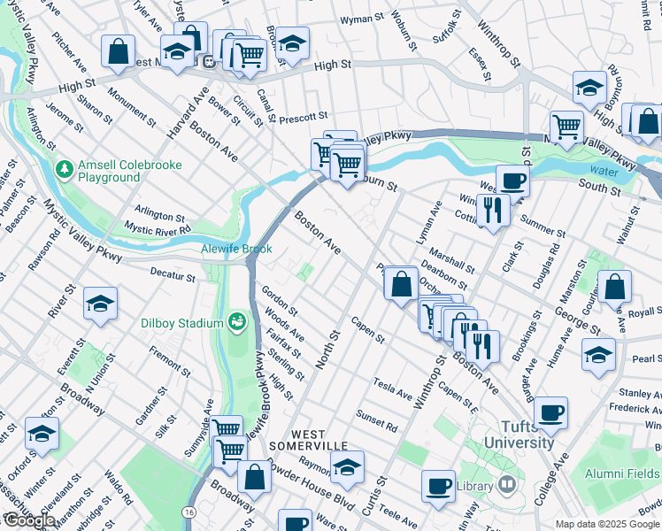 map of restaurants, bars, coffee shops, grocery stores, and more near 24 Pinkham Road in Medford
