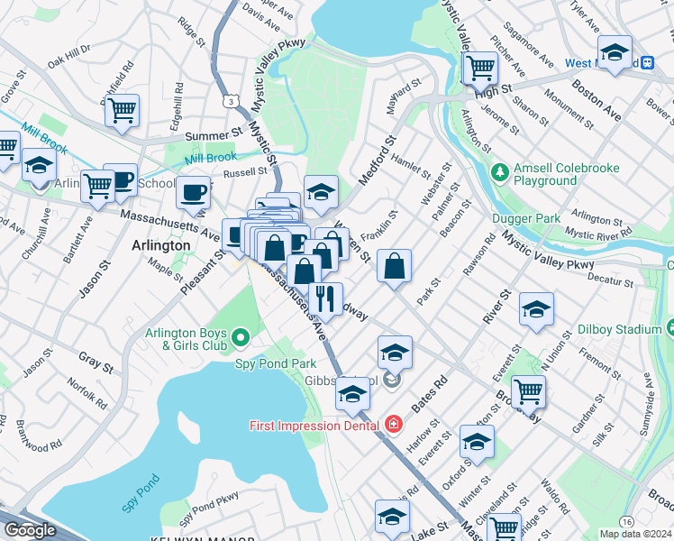 map of restaurants, bars, coffee shops, grocery stores, and more near 27 Damon Park in Arlington