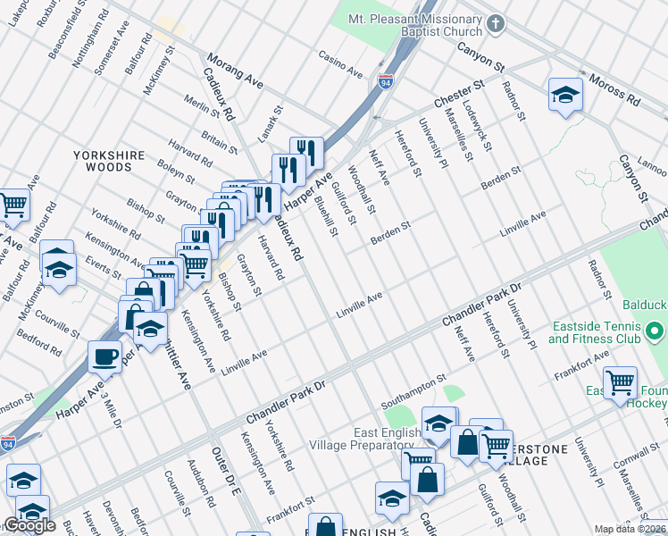 map of restaurants, bars, coffee shops, grocery stores, and more near 5966 Oldtown Street in Detroit