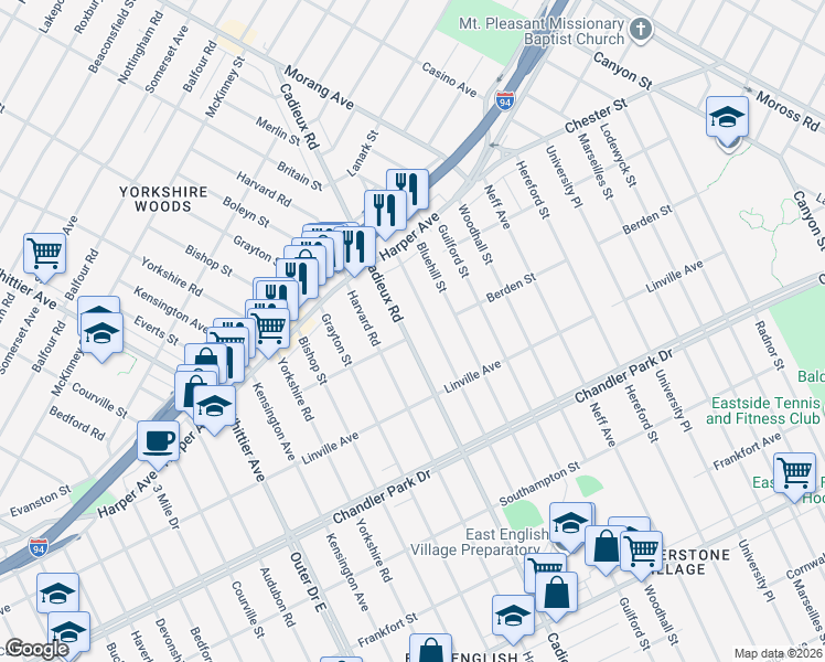 map of restaurants, bars, coffee shops, grocery stores, and more near 6010 Cadieux Road in Detroit