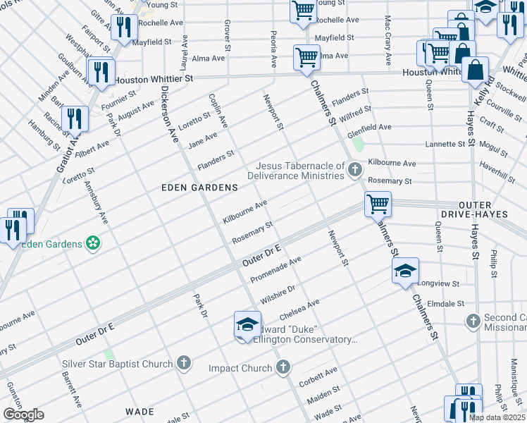 map of restaurants, bars, coffee shops, grocery stores, and more near 13300 Rosemary Street in Detroit
