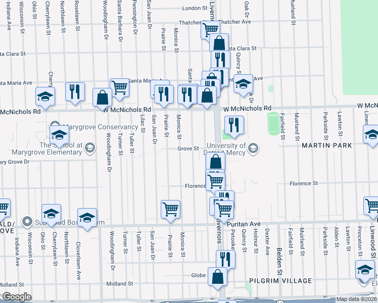 map of restaurants, bars, coffee shops, grocery stores, and more near 16608 Monica Street in Detroit