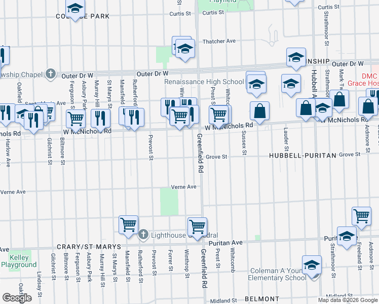 map of restaurants, bars, coffee shops, grocery stores, and more near 15551 Grove Street in Detroit
