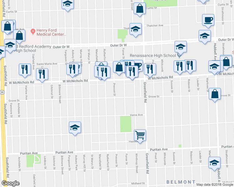 map of restaurants, bars, coffee shops, grocery stores, and more near 16777 Prevost Street in Detroit