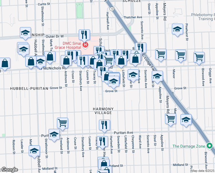 map of restaurants, bars, coffee shops, grocery stores, and more near in Detroit