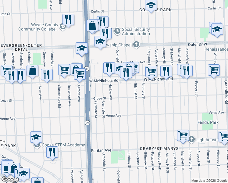 map of restaurants, bars, coffee shops, grocery stores, and more near 16844 Harlow Avenue in Detroit