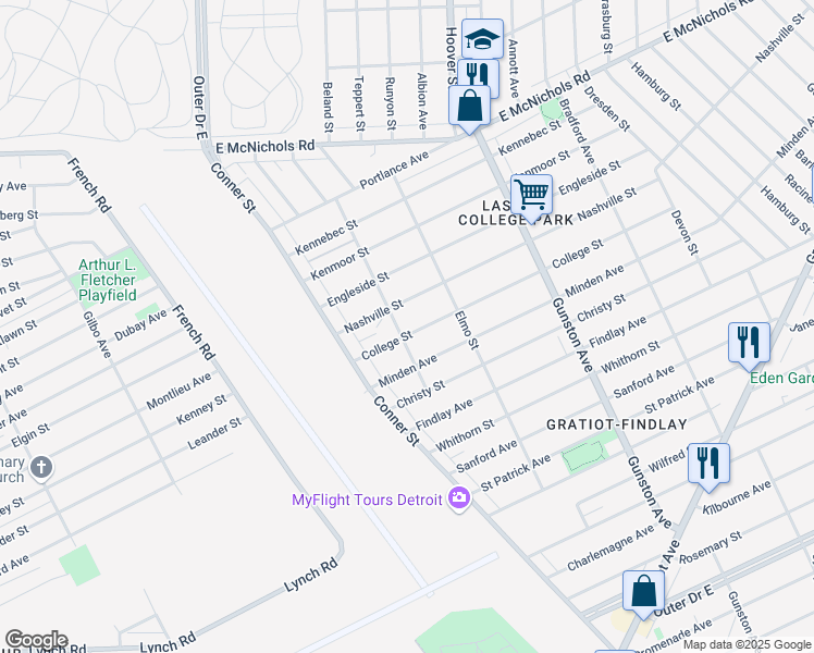 map of restaurants, bars, coffee shops, grocery stores, and more near 11211 College Street in Detroit