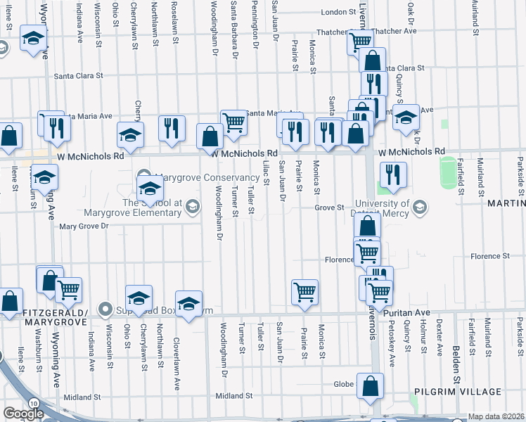 map of restaurants, bars, coffee shops, grocery stores, and more near 16623 Tuller Street in Detroit