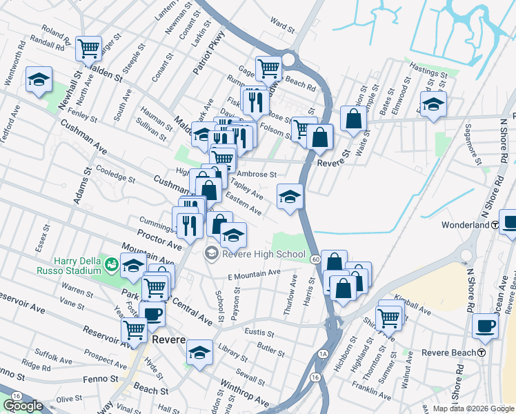 map of restaurants, bars, coffee shops, grocery stores, and more near 64 True Street in Revere