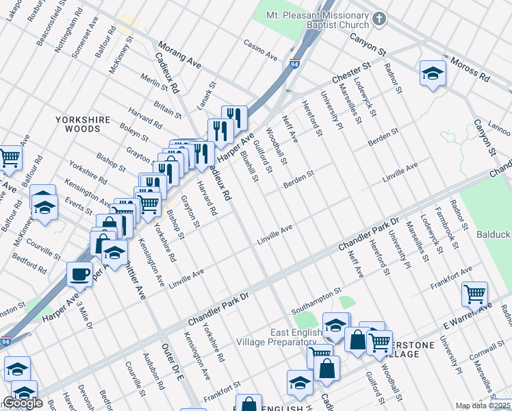 map of restaurants, bars, coffee shops, grocery stores, and more near 5966 Oldtown Street in Detroit
