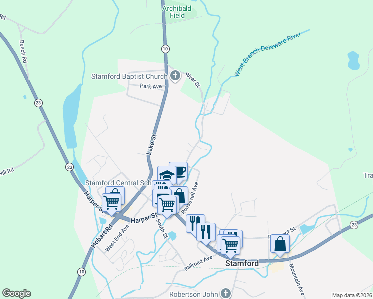 map of restaurants, bars, coffee shops, grocery stores, and more near 28-32 River Street in Stamford