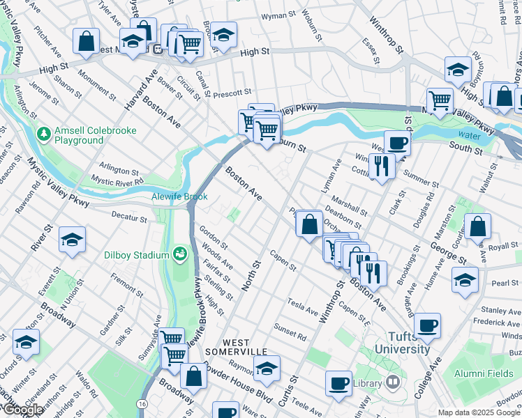 map of restaurants, bars, coffee shops, grocery stores, and more near 24 Pinkham Road in Medford