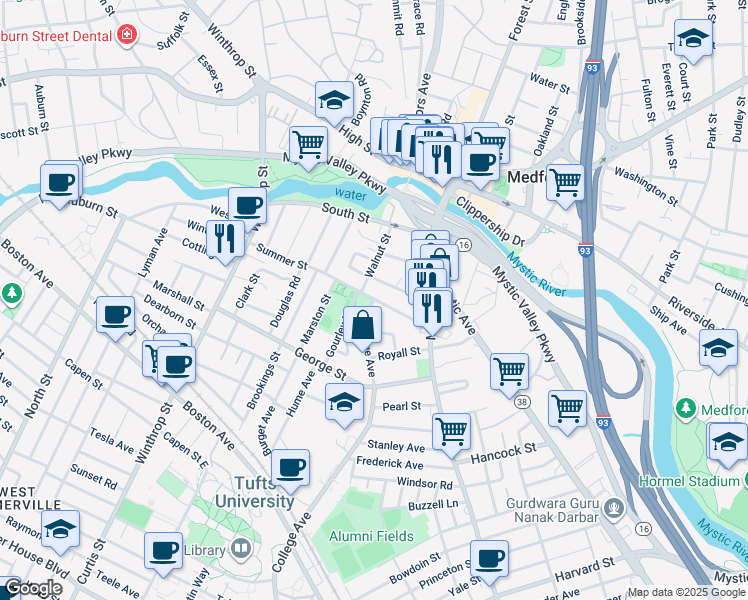 map of restaurants, bars, coffee shops, grocery stores, and more near College Ave & Summer St in Medford