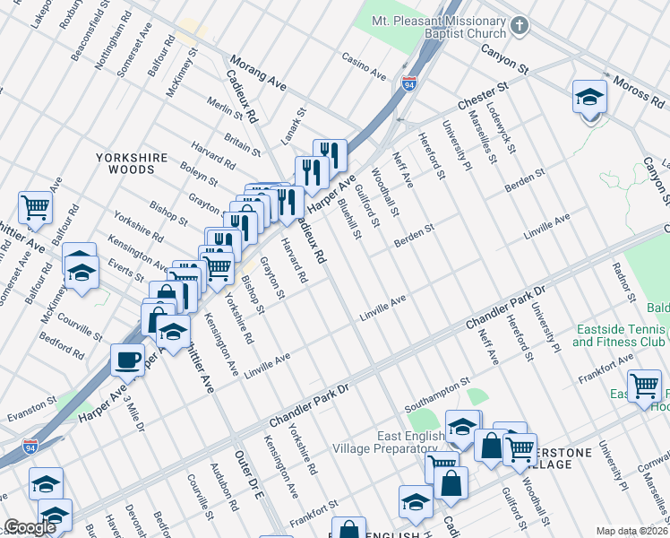 map of restaurants, bars, coffee shops, grocery stores, and more near 6010 Cadieux Road in Detroit