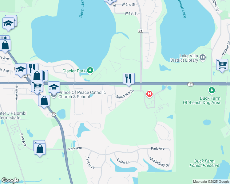 map of restaurants, bars, coffee shops, grocery stores, and more near 848 Sanctuary Drive in Lake Villa