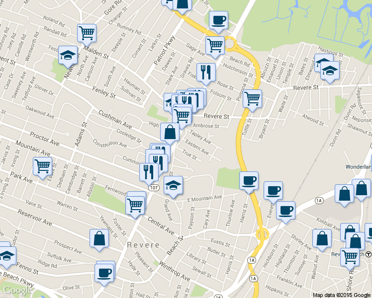map of restaurants, bars, coffee shops, grocery stores, and more near 24 True Street in Revere
