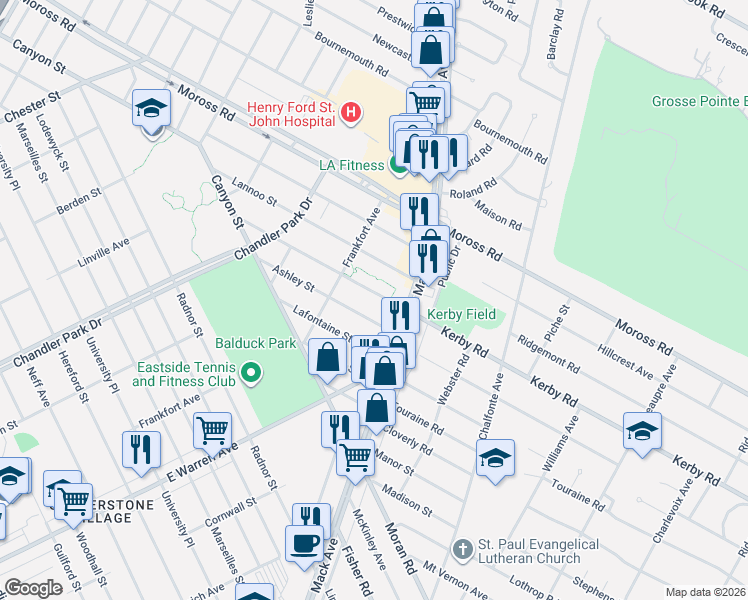 map of restaurants, bars, coffee shops, grocery stores, and more near 18651 Mack Avenue in Detroit