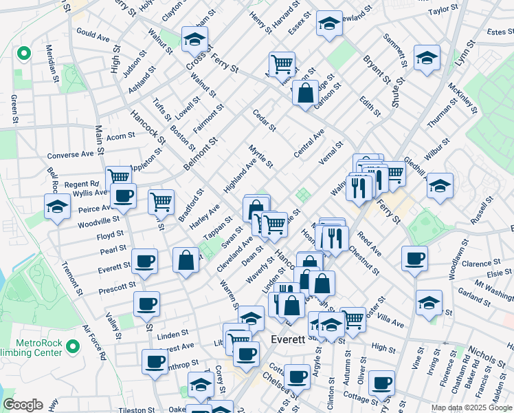 map of restaurants, bars, coffee shops, grocery stores, and more near 19 Vernal Street in Everett