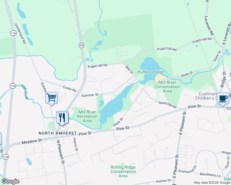 map of restaurants, bars, coffee shops, grocery stores, and more near 111 Summer Street in Amherst