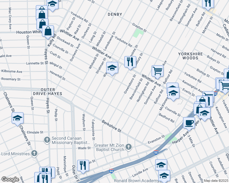 map of restaurants, bars, coffee shops, grocery stores, and more near 10397 Roxbury Street in Detroit