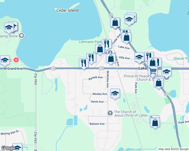 map of restaurants, bars, coffee shops, grocery stores, and more near 46 Burnett Avenue in Lake Villa