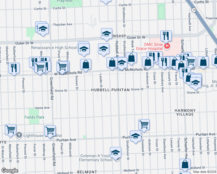 map of restaurants, bars, coffee shops, grocery stores, and more near 16686 Lauder Street in Detroit