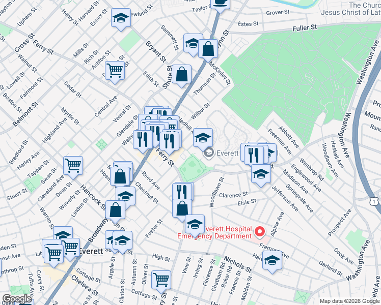 map of restaurants, bars, coffee shops, grocery stores, and more near 100 Elm Street in Everett