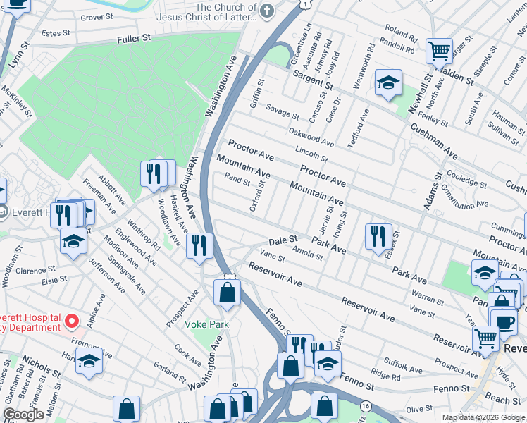map of restaurants, bars, coffee shops, grocery stores, and more near 584 Park Avenue in Revere
