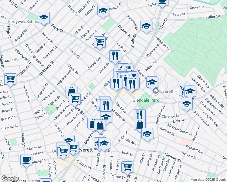 map of restaurants, bars, coffee shops, grocery stores, and more near 691 Broadway in Everett